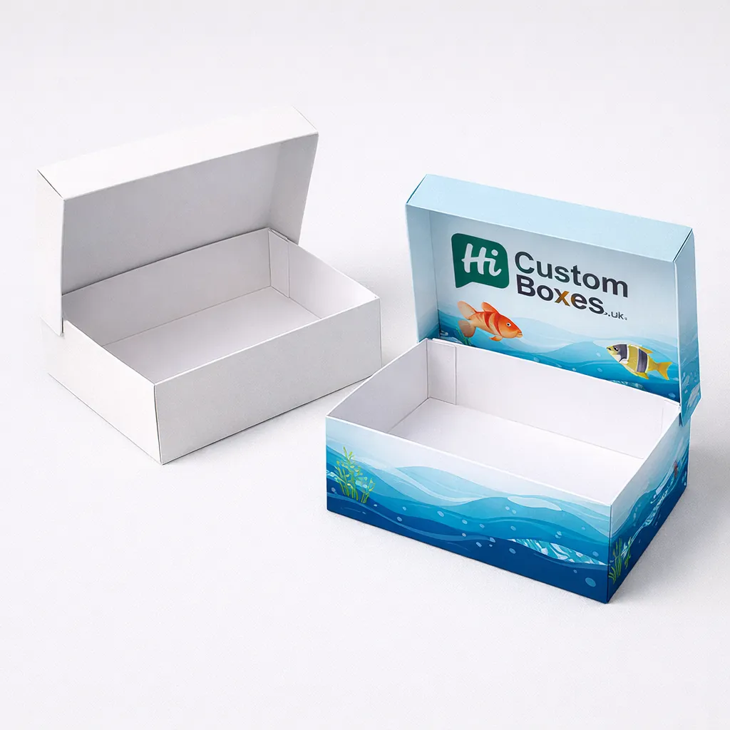 Two tall cardboard tuck-top boxes, including one branded version with aquatic-themed graphics and icons. class=